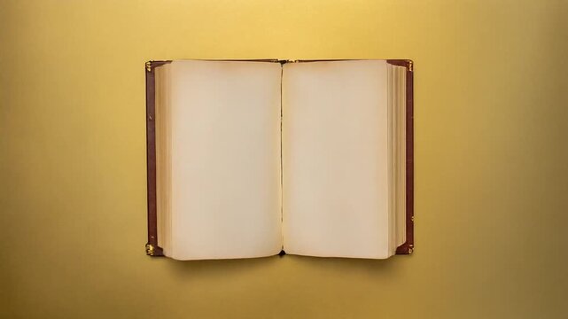 Open blank book on brown leather cover with gold background