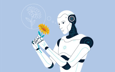 Robot examining a bright yellow flower closely in an illustration