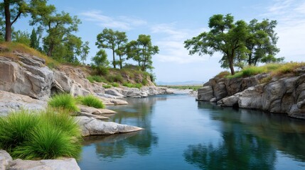 Fototapeta premium River flowing through rocky valley with green trees