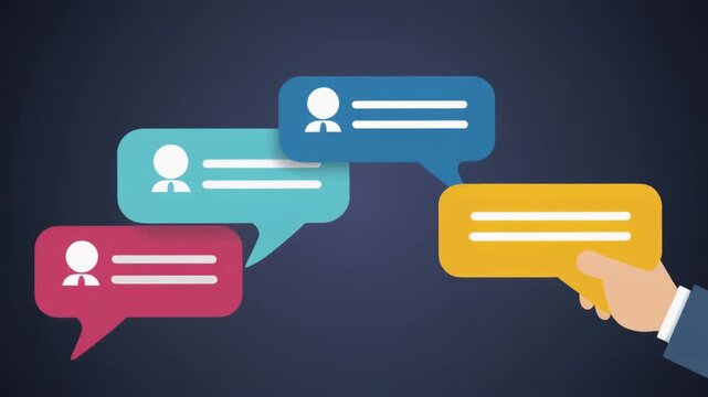 colorful chat speech bubbles with a hand holding one