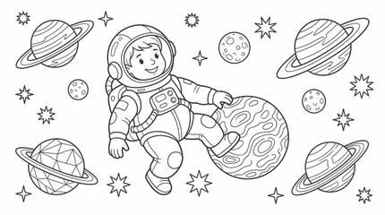 Happy Cartoon Astronaut Coloring Page Outline Floating in Space with Planet, Stars, and Saturn Rings. Cute Kids Space Exploration Vector Illustration. © Dreamine