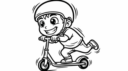 Energetic Cartoon Kid Riding Scooter Wearing Helmet. Black and White Outline Drawing for Coloring Book © Dreamine