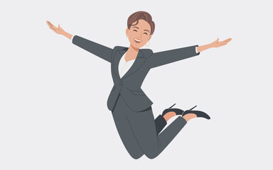 A joyful businesswoman jumping with arms outstretched and legs bent in a dynamic illustration of happiness and freedom