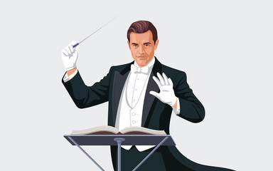 Conductor leading an orchestra with a baton from a podium in a formal concert hall setting from a front viewpoint