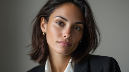 Fototapeta premium Portrait of a confident Brazilian businesswoman in professional attire against a white background for corporate leadership concept 
