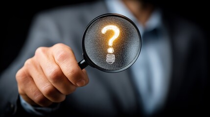 businessman holding a magnifying glass with a glowing light bulb and question marks on a black background, a creative thinking idea concept for a business plan or a big emotion to spot new innovation 