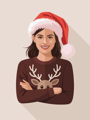 Woman wearing a Christmas hat and deer-themed sweater standing with crossed arms in a festive holiday illustration