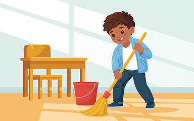 Young boy enthusiastically sweeping the floor of a classroom with a broom and bucket