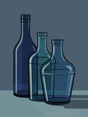 Three blue glass bottles and a glass standing on a surface against a gray background from a straightforward viewpoint