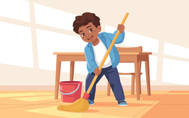Young boy enthusiastically sweeping the classroom floor with a large yellow broom and red bucket