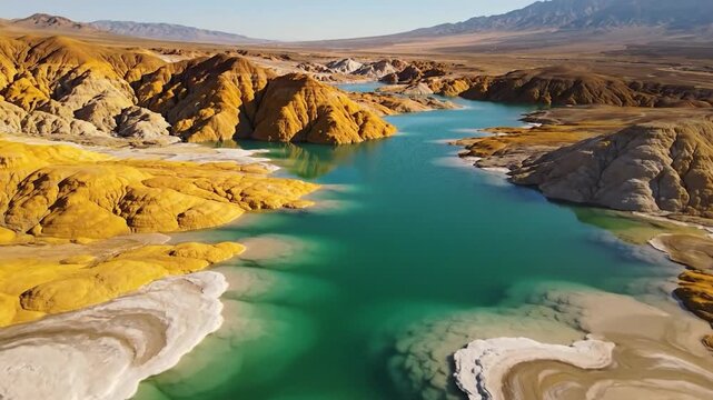 Turquoise water flows through surreal ochre and white geological formations