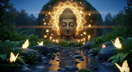 Serene Buddha Statue with Butterflies and Glowing Mandala.