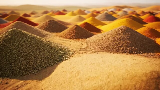 Vibrant piles of colored sand or spices in a desert landscape.