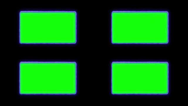 Four glowing neon green screen rectangles with blue energy border effect