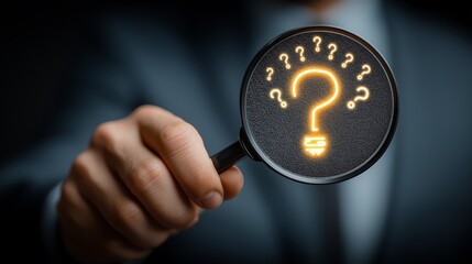 businessman holding a magnifying glass with a glowing light bulb and question marks on a black background, a creative thinking idea concept for a business plan or a big emotion to spot new innovation 