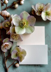 Minimalist Spring Floral Banner with Blank White Card and Hellebores on Green Background, Pastel Studio Photography with Large Copy Space
