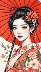 Geisha woman red kimono floral pattern red umbrella stylized portrait