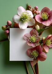 Minimalist Spring Floral Banner with Blank White Card and Hellebores on Green Background, Pastel Studio Photography with Large Copy Space
