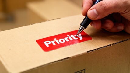 drop shipping store box clock logistic concept. A hand writing on a priority shipping box label.