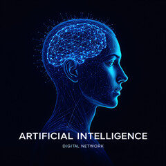 Obraz premium Line‑art illustration of a blue brain within a human head, emphasizing artificial intelligence and digital network against a backdrop, profile view.
