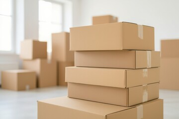 drop shipping store box clock logistic concept. Stacked cardboard boxes in a bright, empty room.