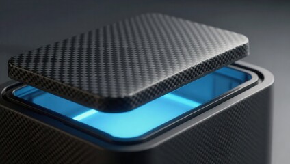 drop shipping store box clock logistic concept. Sleek black container with a luminous blue interior.