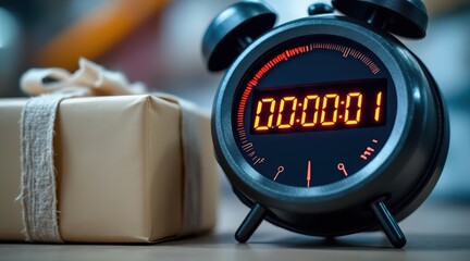 drop shipping store box clock logistic concept. Digital alarm clock with gift box, showing one second countdown.