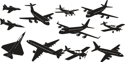 Silhouettes of various airplanes and jets in flight