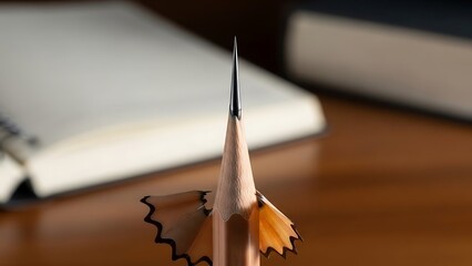 Extreme close up of a perfectly sharpened wooden pencil tip with wood shavings spiraling down suggesting immediate readiness for important writing tasks or detailed artistic creation.