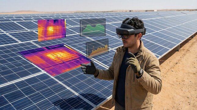Man wearing VR headset analyzing solar panels with thermal imaging in a desert landscape with a clear sky.