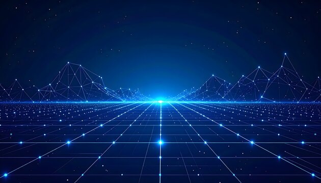 Abstract 3D rendering of a digital landscape featuring glowing blue wireframe mountains, network nodes, and a structured grid floor representing big data and cyberspace.