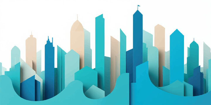 Abstract blue vector illustration featuring a 3d business city skyline with skyscrapers and financial graphs integrated into an urban cityscape silhouette