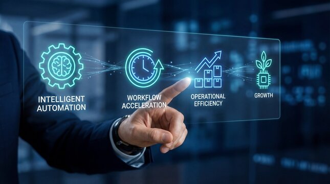 Businessman interacting with intelligent automation interface for workflow acceleration