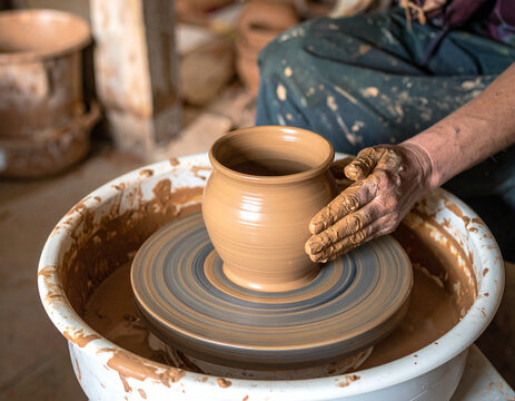 Closeup of an artisan hand crafting pottery on wheel, with detailed clay splatters, tactile hobby concept design