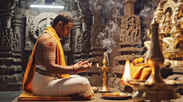 Man Meditating in Temple with Candles.