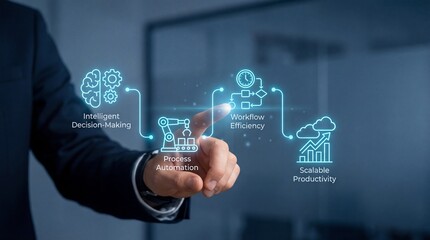Fototapeta premium Businessman interacting with futuristic automation interface for workflow efficiency