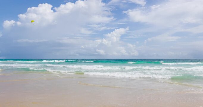 Nature video landscape view of beach sea sand and sky. Landscape view of beach sea in summer day. Beach space area. High quality DCI4K PRORES422