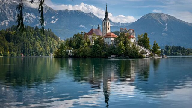 Family traveling in slovenia with kids, view of lake bled, european vacation journey, scenic nature destination background with copy space
