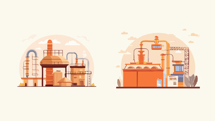 Fototapeta premium Industrial factory and refinery buildings with pipes and structures, illustrating manufacturing and production processes