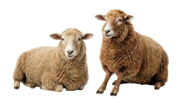 Two fluffy sheep or lambs lying down, beige and brown wool texture, studio cutout Isolated on white background