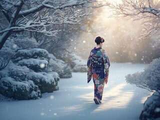 雪景色と着物姿の女性のイラスト