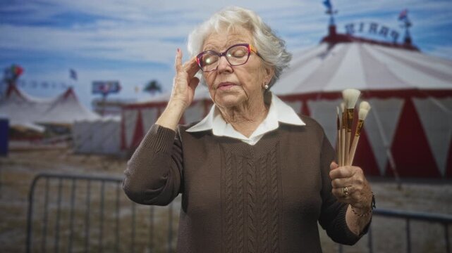 Elderly woman holding paintbrushes touches eyeglasses on street in front of circus tent, slight frown and thoughtful gaze; nostalgia calm.