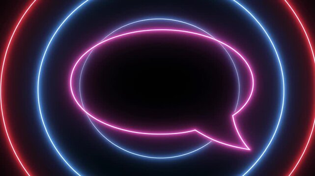 neon pink and blue speech bubble icon with glowing circles