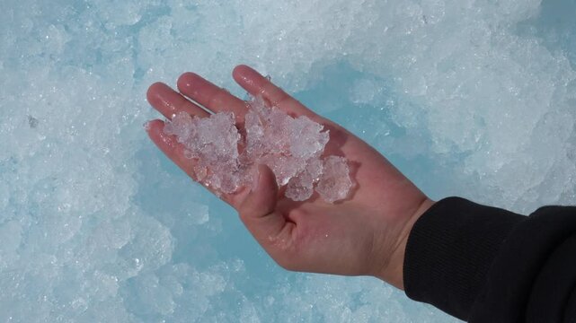 Close-up of a hand digging into the Athabasca Glacier, revealing crystal-clear blue glacial ice beneath the surface.
