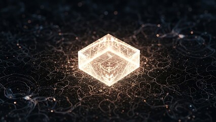 Glowing ethereal energy cube artifact rests upon a dark, abstract surface surrounded by fine particles and swirling cosmic lines suggesting digital magic or future technology concepts