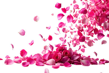 Pink rose petals falling on black background with roses