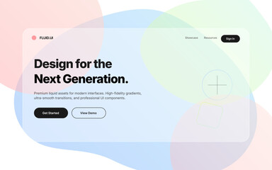AClean minimalist web application interface featuring abstract gradient shapes, translucent elements, and responsive layout for professional digital product showcase and brand identity.