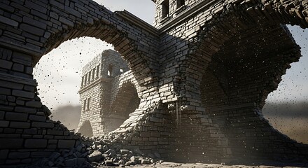 Ancient Stone Archway Ruins with Distant Tower View.
