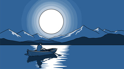 Moonlit Night Lake: Lone Rower under a Full Moon with Mountains, Serene Blue Vector Landscape © berkot ravot
