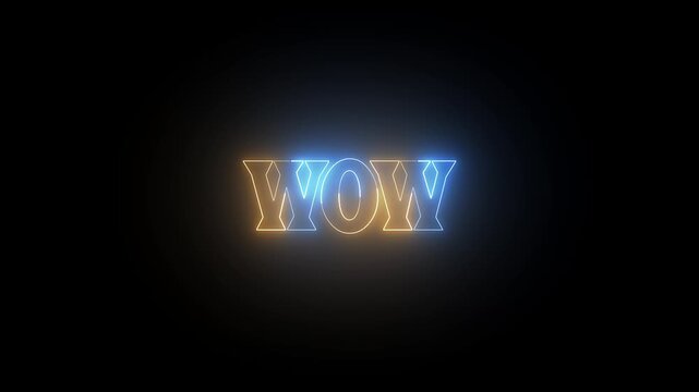 Glowing colorful neon line wow text animation. neon text wow isolated on black background.